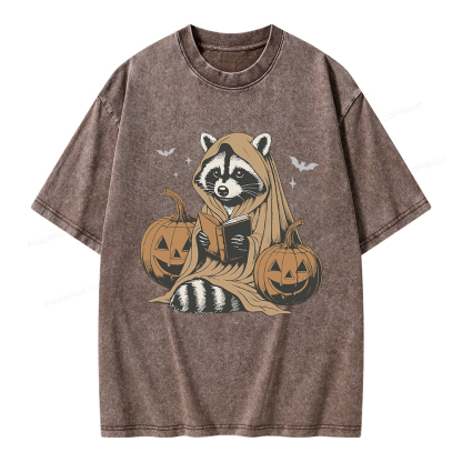 Pagewings Halloween Cute Raccoon Ghost Reading Unisex Washed T-shirt