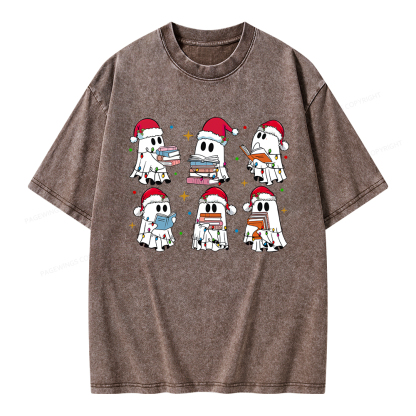 Pagewings Christmas Book Ghost Unisex Washed T-shirt
