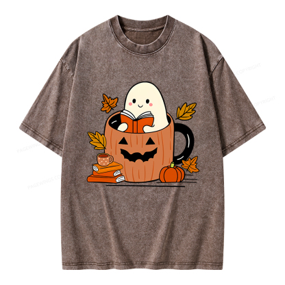 Pagewings Ghost Reading Books Unisex Washed T-shirt