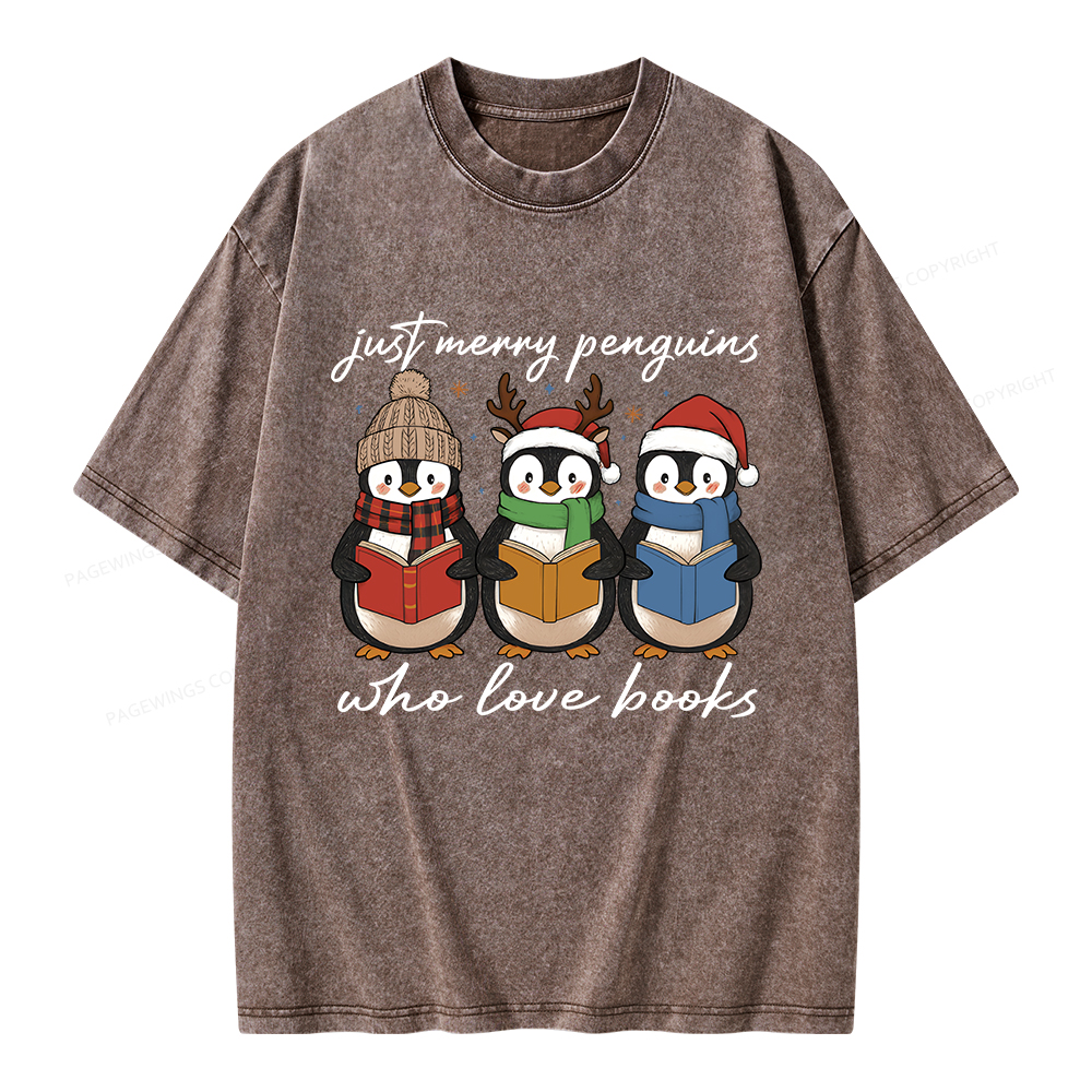 Pagewings Just Merry Penguins Who Love Books Unisex Washed T-shirt