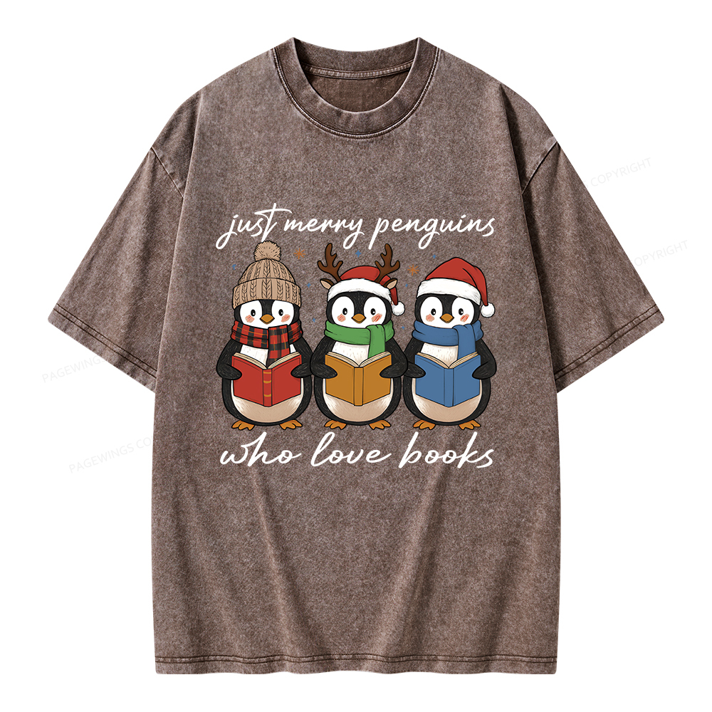 Pagewings Just Merry Penguins Who Love Books Unisex Washed T-shirt