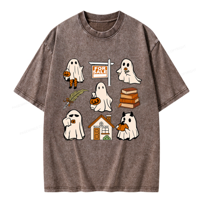 Pagewings Halloween Ghosts Going To Buy Books Unisex Washed T-shirt