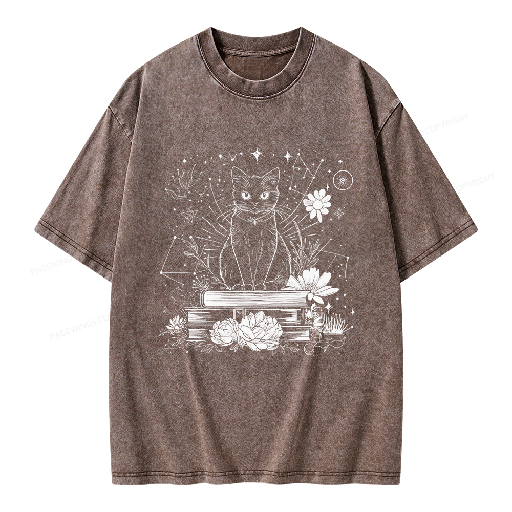 Pagewings Black Cat Book Lover Unisex Washed T-shirt