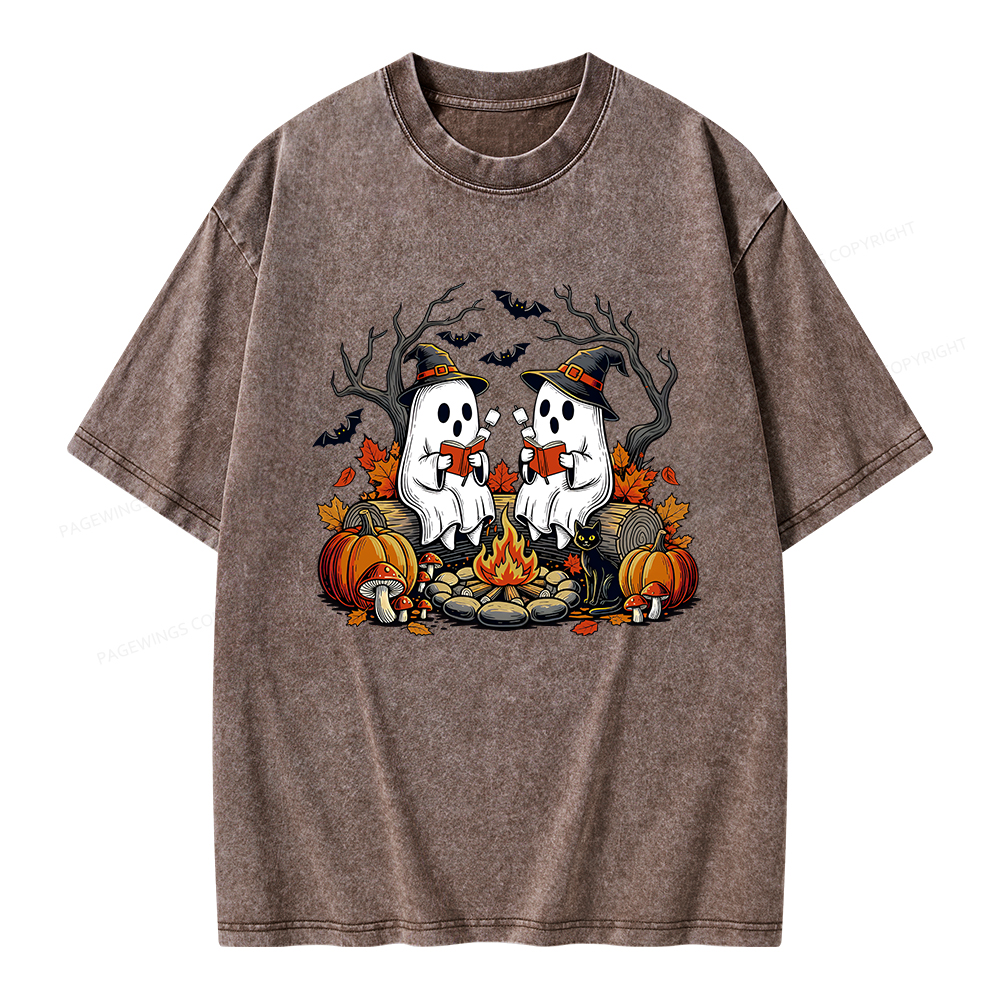 Pagewings Bookish Ghost Halloween Fall Camping  Unisex Washed T-shirt