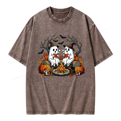 Pagewings Bookish Ghost Halloween Fall Camping  Unisex Washed T-shirt