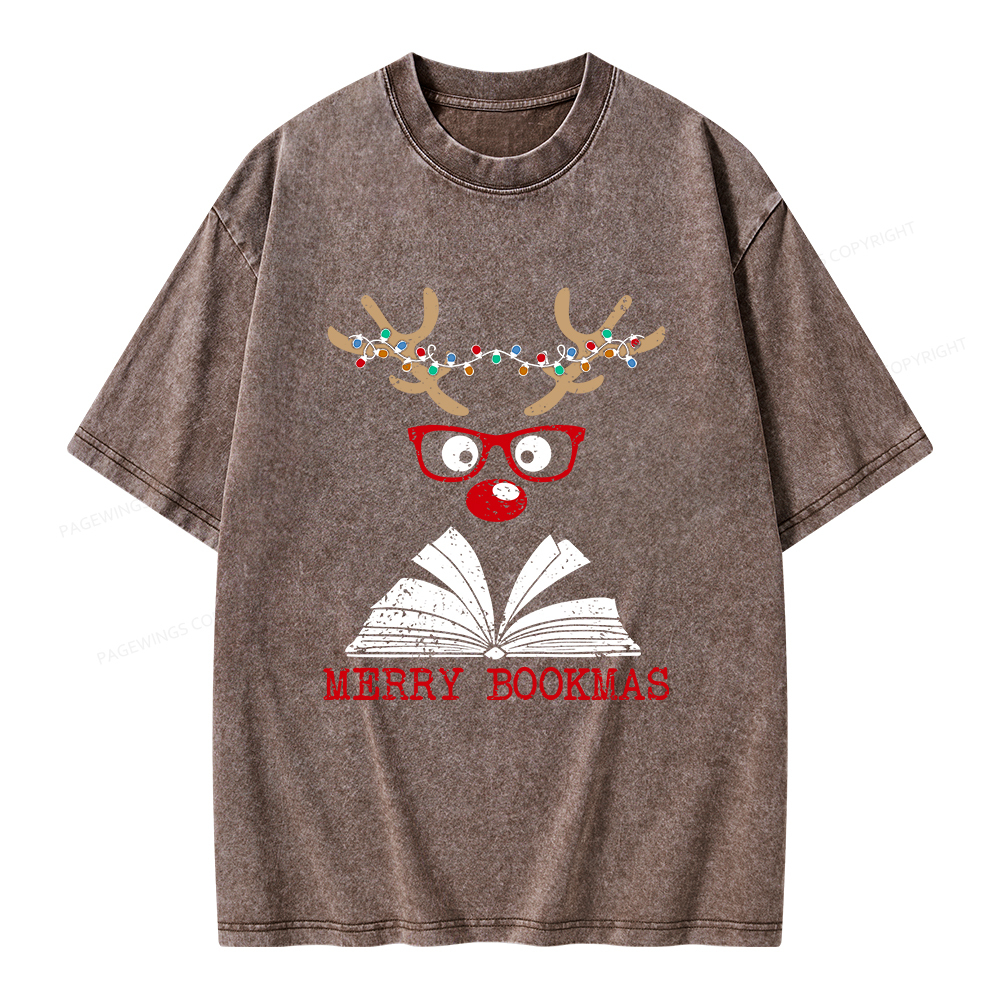 Pagewings Christmas Reindeer Reading Unisex Washed T-shirt