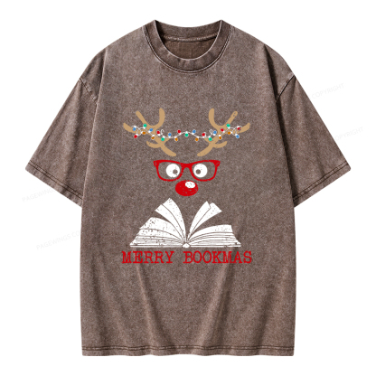 Pagewings Christmas Reindeer Reading Unisex Washed T-shirt