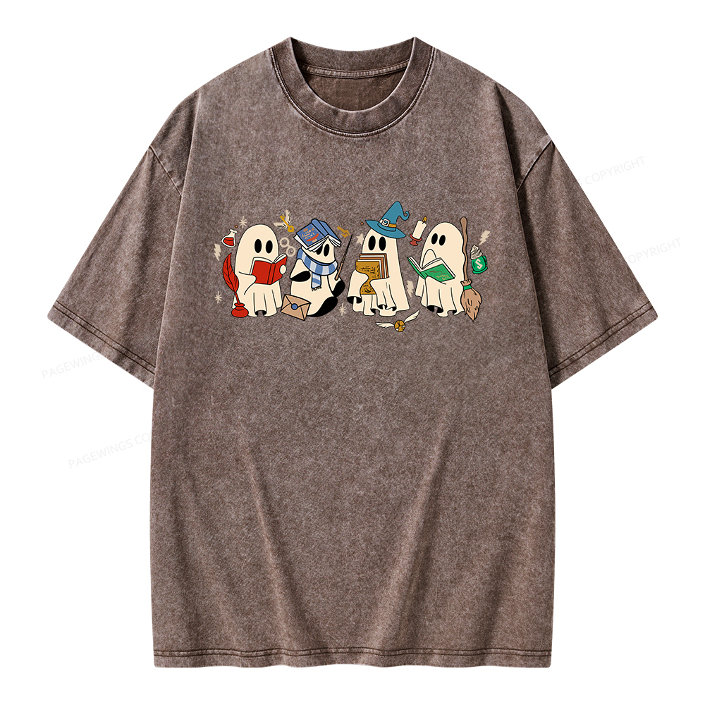 Pagewings Ghost Reading Books Unisex Washed T-shirt