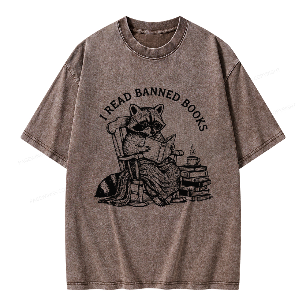 Pagewings I Read Banned Books Raccoon Reading Unisex Washed T-shirt