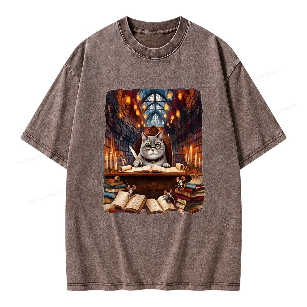 Pagewings Cat Books Unisex Washed T-shirt