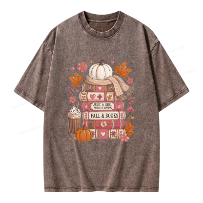 Pagewings Just A Girl Who Loves Fall&Books Unisex Washed T-shirt