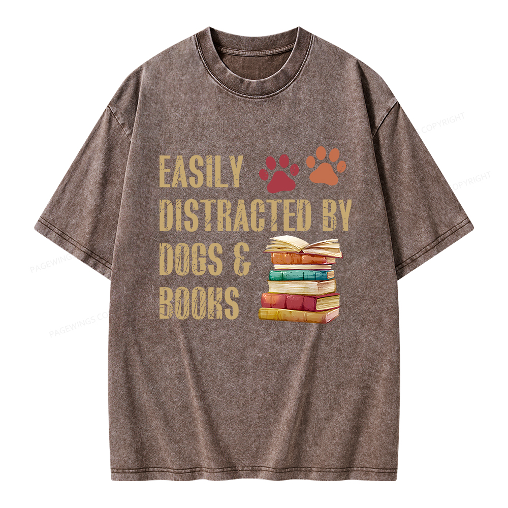 Pagewing Easily Distracted By Dogs And Books Unisex Washed T-shirt