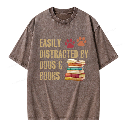 Pagewing Easily Distracted By Dogs And Books Unisex Washed T-shirt