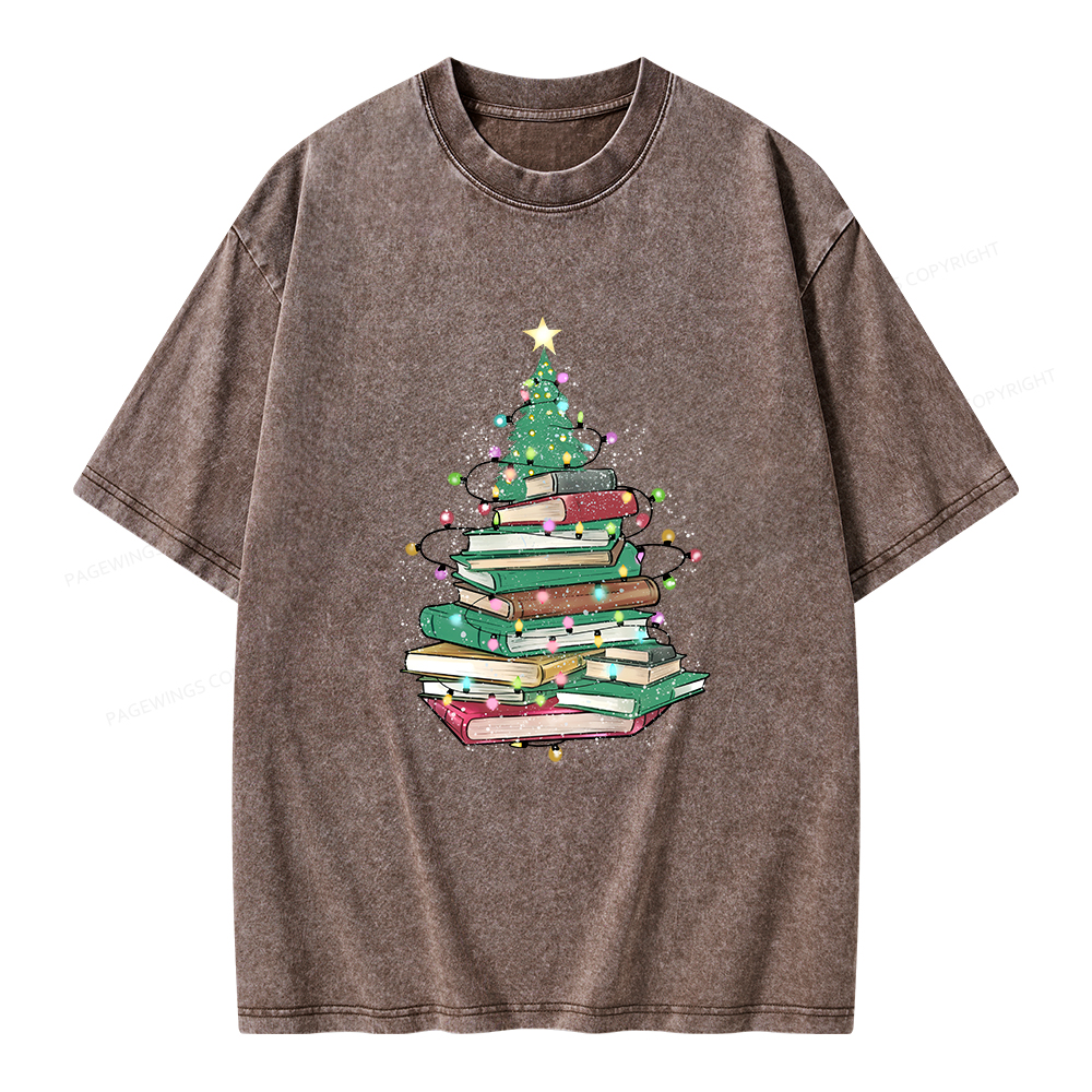 Pagewings Christmas Book Tree Unisex Washed T-shirt