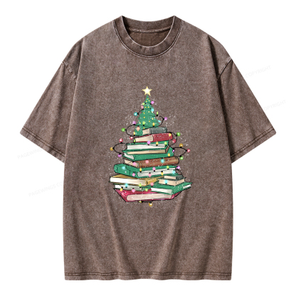 Pagewings Christmas Book Tree Unisex Washed T-shirt