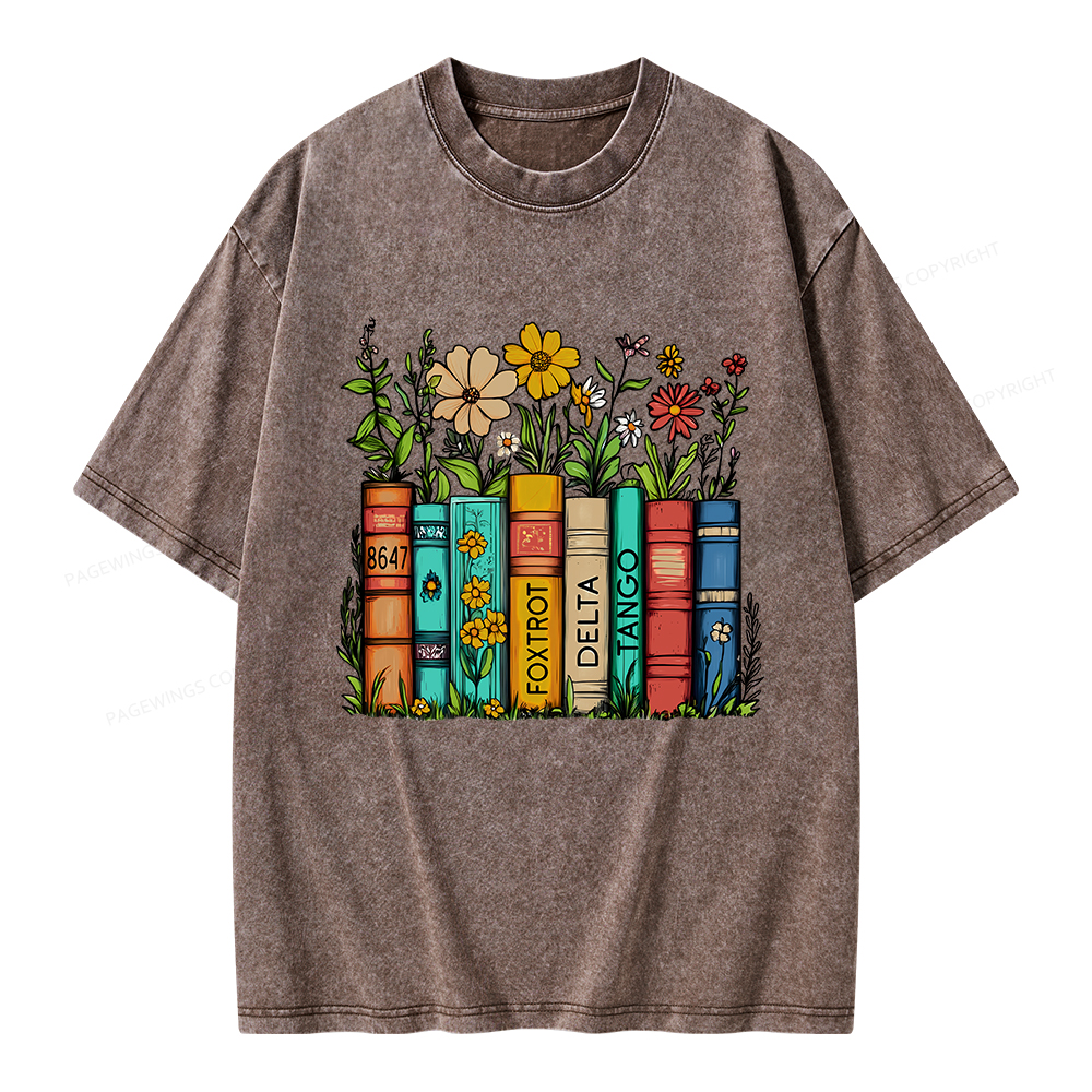 Pagewings Flowers and Books Unisex Washed T-shirt