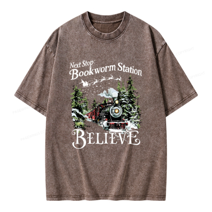 Pagewings Next Stop Bookworm Station Believe Unisex Washed T-shirt