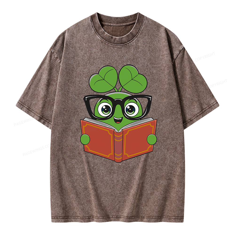 Pagewings Cute Reading Clover Tee Lucky Bookworm T-Shirt Unisex Washed T-shirt