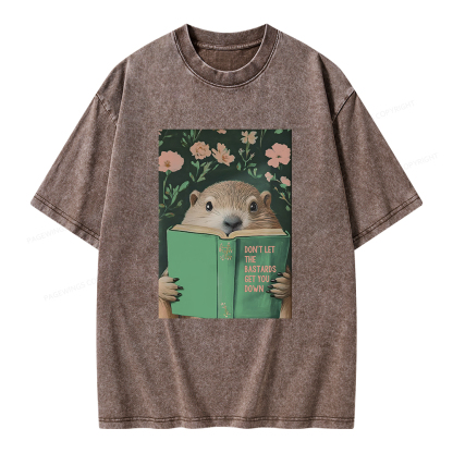 Pagewings Groundhog Reading Motivational Book Unisex Washed T-shirt