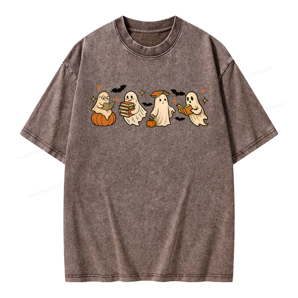 Pagewings Cute Ghost Reading Book Halloween Unisex Washed T-shirt