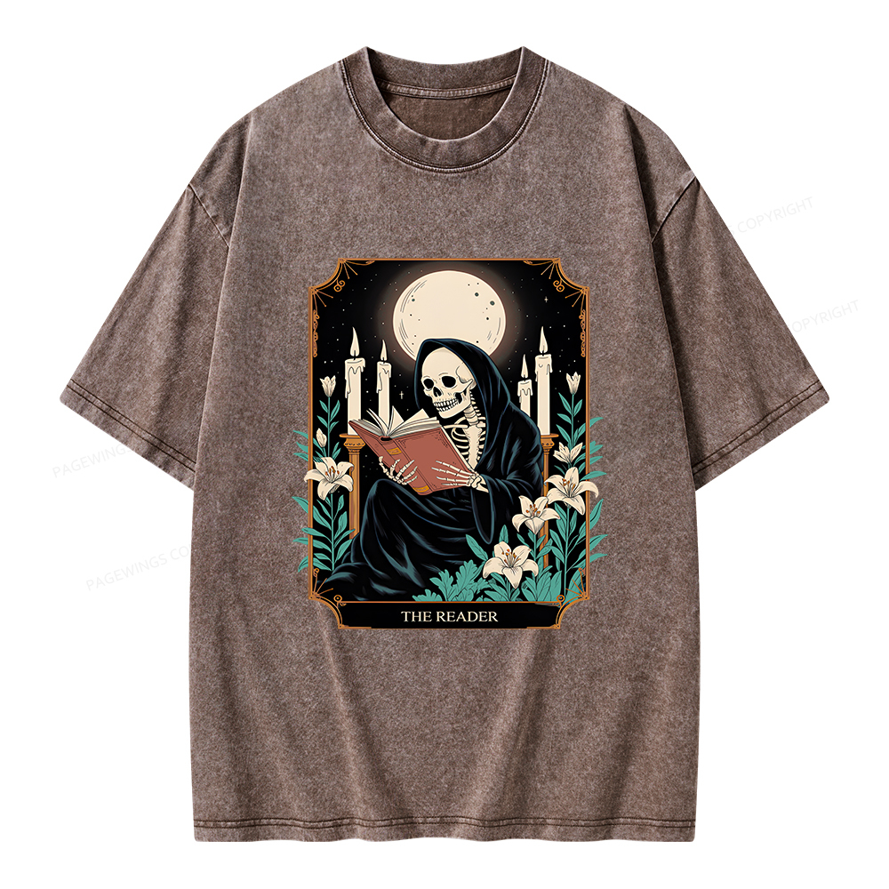 Pagewings The Reader Skeleton Tarot Card Unisex Washed T-shirt