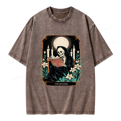 Pagewings The Reader Skeleton Tarot Card Unisex Washed T-shirt