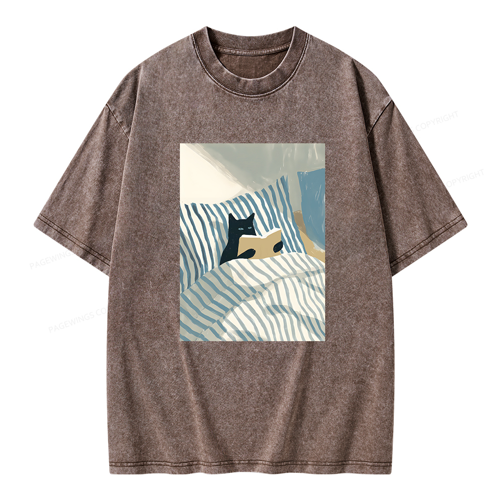 Pagewings Cat Reading Unisex Washed T-shirt