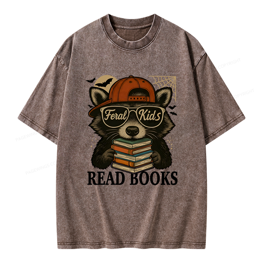 Pagewings Feral Kid Read Books Unisex Washed T-shirt