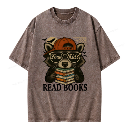 Pagewings Feral Kid Read Books Unisex Washed T-shirt