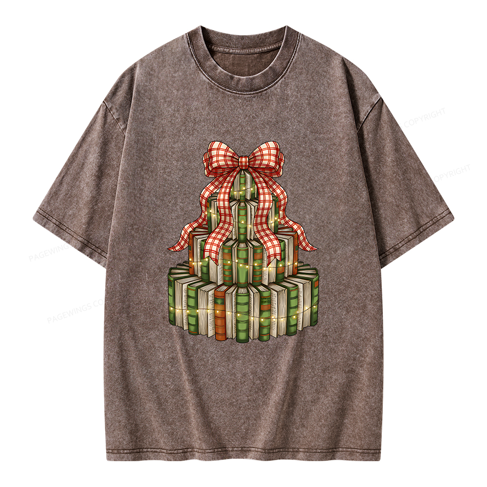 Pagewings Christmas Book Tree Unisex Washed T-shirt
