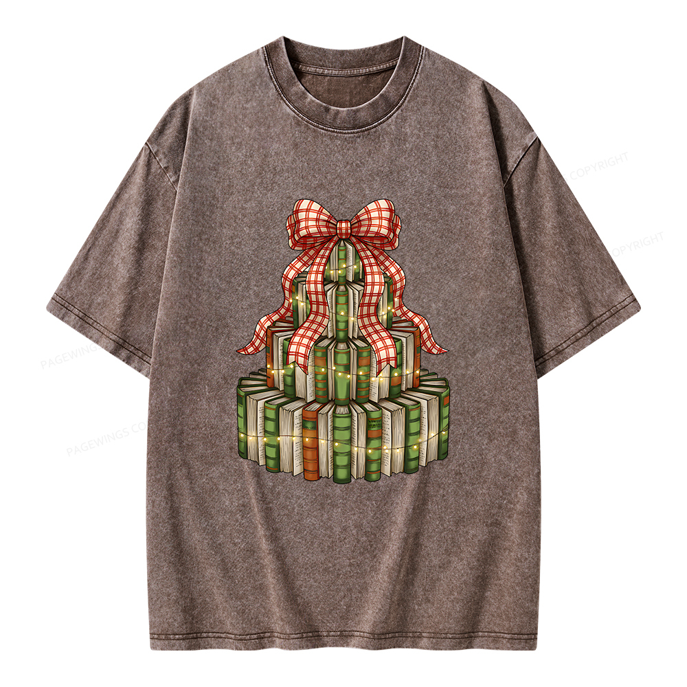 Pagewings Christmas Book Tree Unisex Washed T-shirt