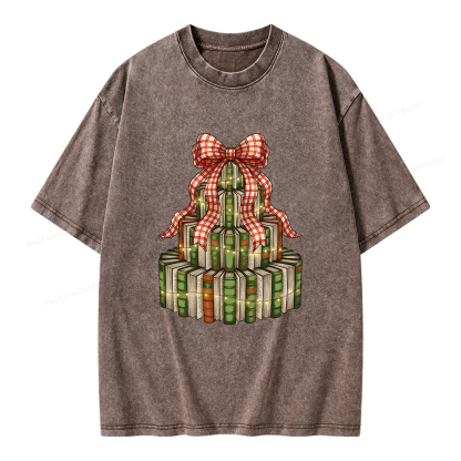 Pagewings Christmas Book Tree Unisex Washed T-shirt