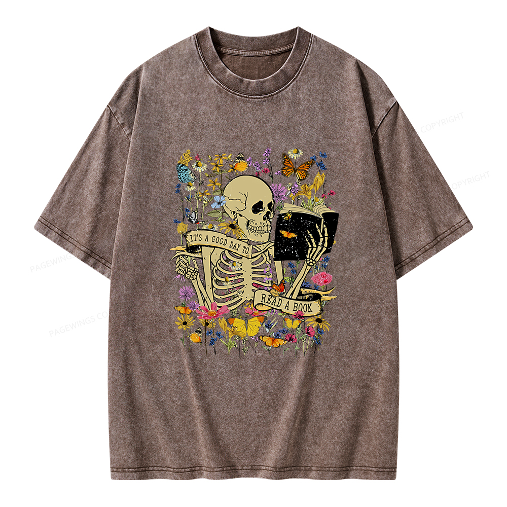 Pagewings Skull Skeleton Reading Book Unisex Washed T-shirt