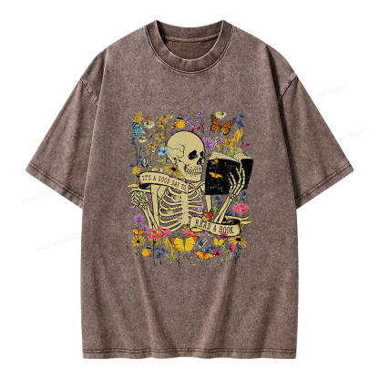 Pagewings Skull Skeleton Reading Book Unisex Washed T-shirt