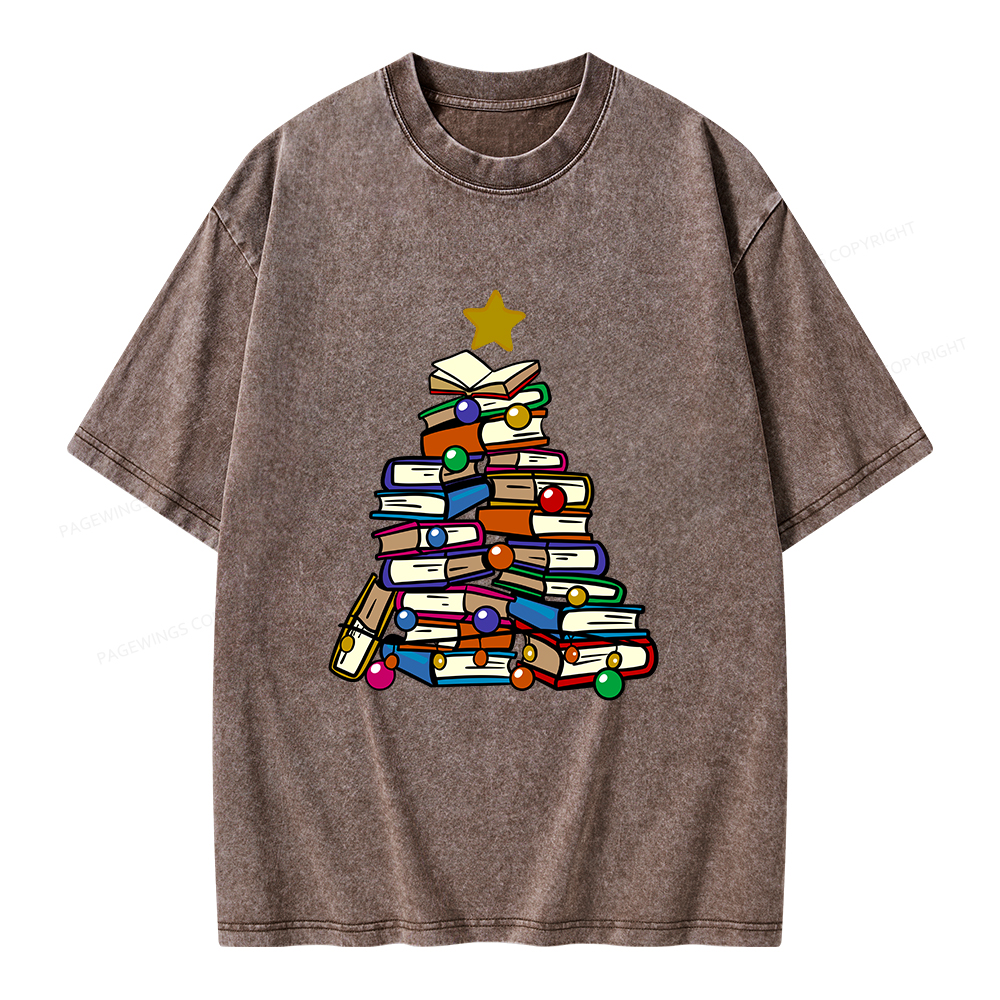 Pagewings Christmas Tree Bookworm Unisex Washed T-shirt