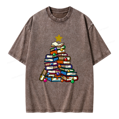 Pagewings Christmas Tree Bookworm Unisex Washed T-shirt