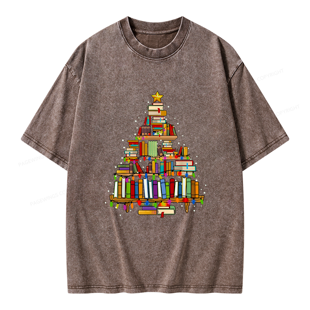 Pagewings Christmas Books Tree Unisex Washed T-shirt