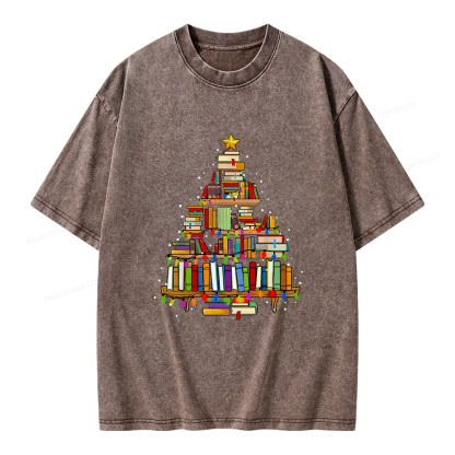 Pagewings Christmas Books Tree Unisex Washed T-shirt