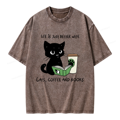 Pagewings Life Is Just Better With Cats Coffee And Books Unisex Washed T-shirt