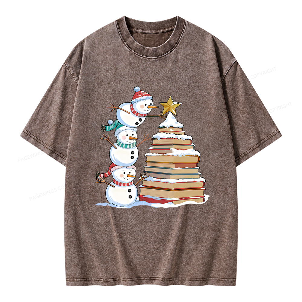Pagewings Christmas Snowman Books Tree Unisex Washed T-shirt