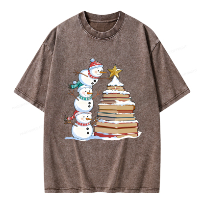Pagewings Christmas Snowman Books Tree Unisex Washed T-shirt