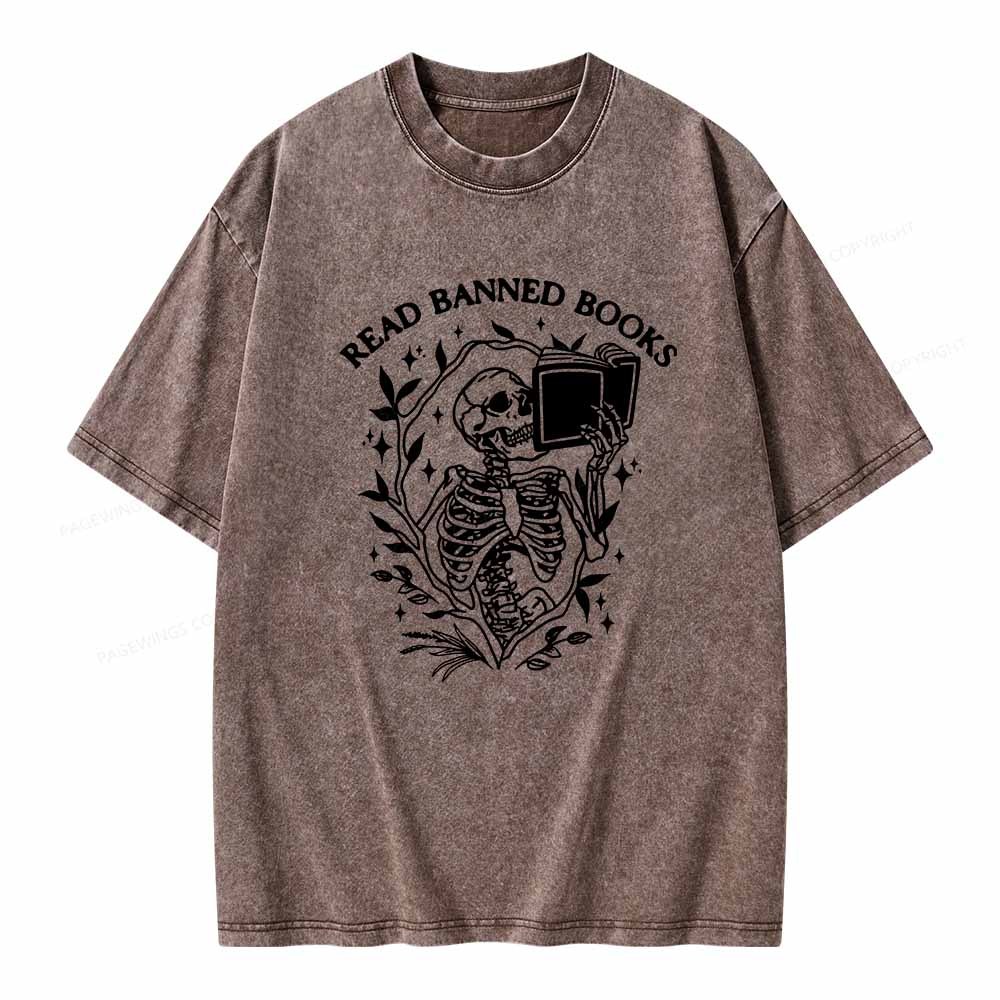 Pagewings Read Banned Books Skeleton Halloween Goth Protest T-Shirt Unisex Washed T-shirt