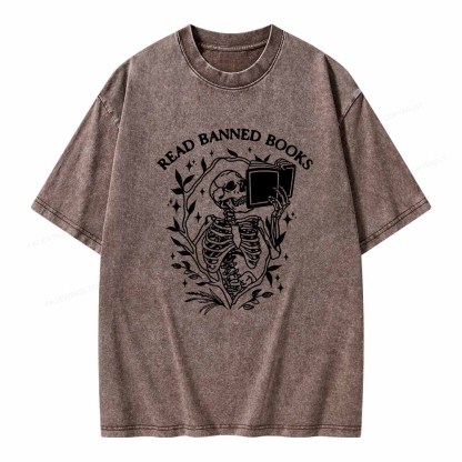Pagewings Read Banned Books Skeleton Halloween Goth Protest T-Shirt Unisex Washed T-shirt