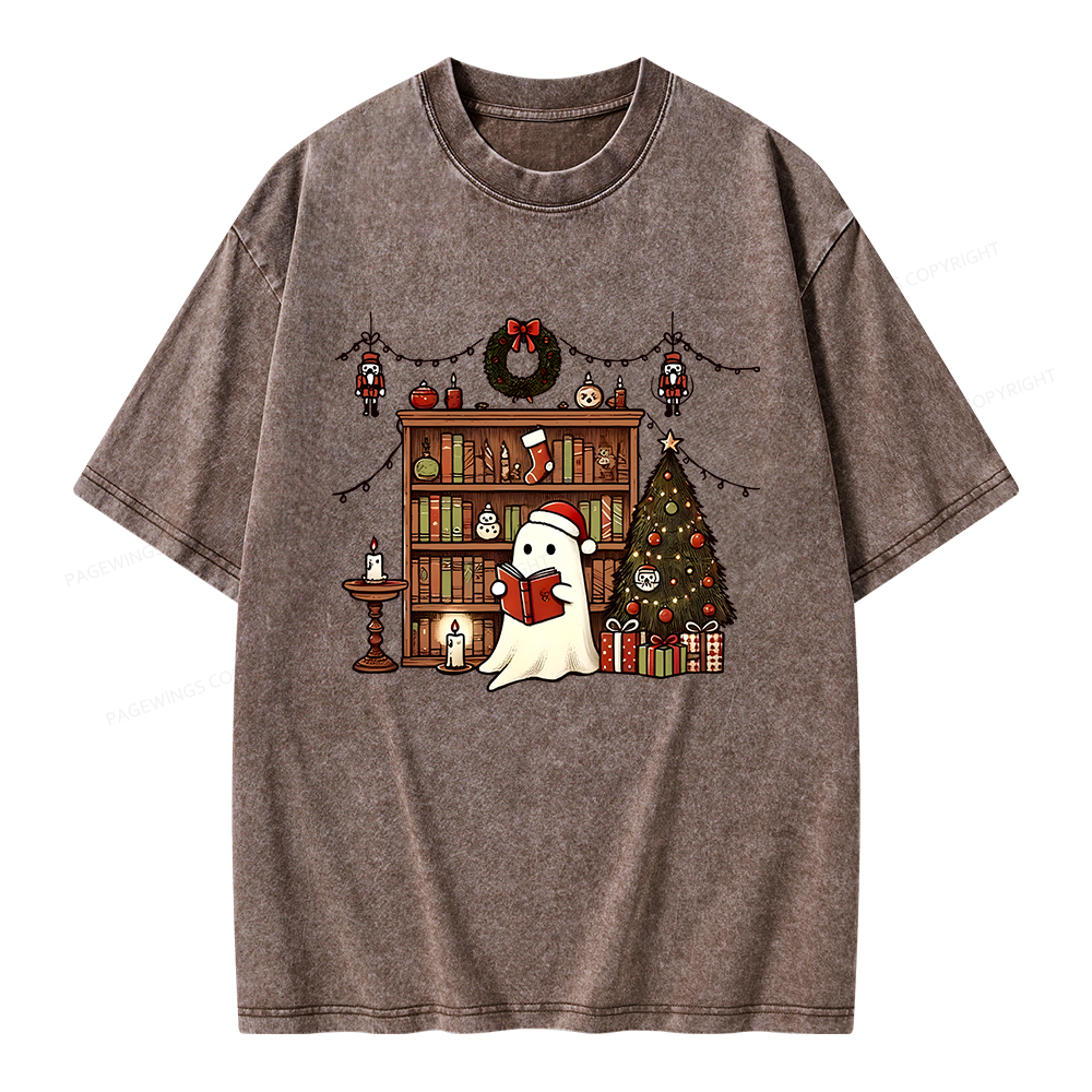 Pagewings Christmas Ghost Book Unisex Washed T-shirt