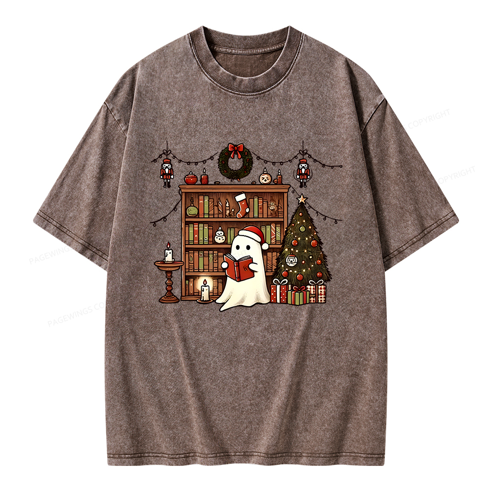 Pagewings Christmas Ghost Book Unisex Washed T-shirt
