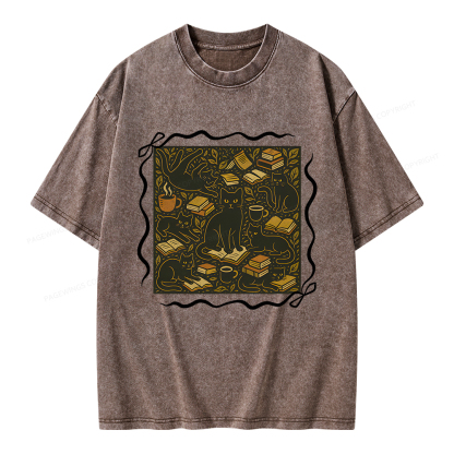 Pagewings Cats And Books Unisex Washed T-shirt