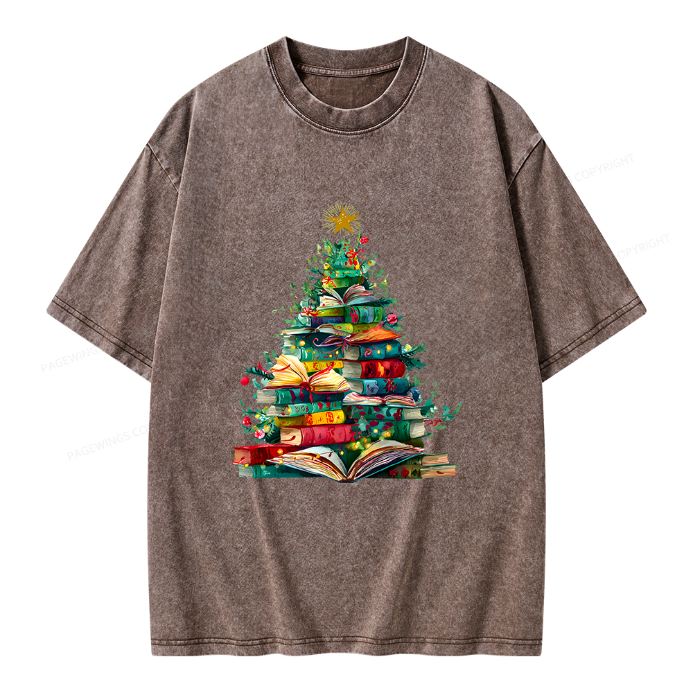 Pagewings Christmas Book Tree Unisex Washed T-shirt