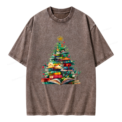 Pagewings Christmas Book Tree Unisex Washed T-shirt