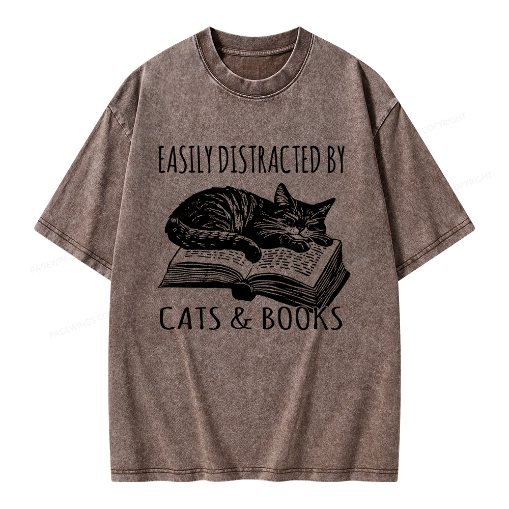 Pagewings Easily Distracted By Cats & Books Unisex Washed T-shirt