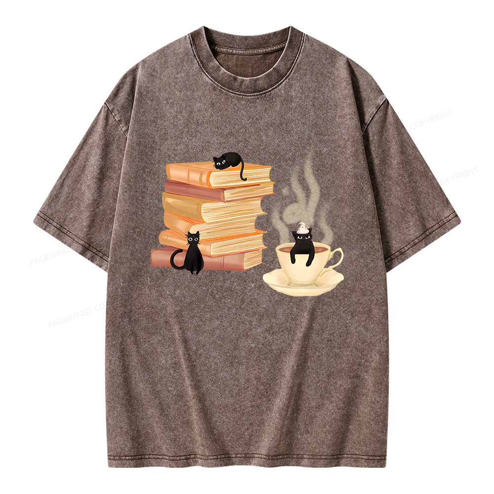 Pagewings Coffee Cats and Books Unisex Washed T-shirt